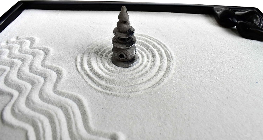 Artcome Japanese Zen Sand Garden for Desk with Rake, Stand, Rocks and Mini Furnishing Articles - Off