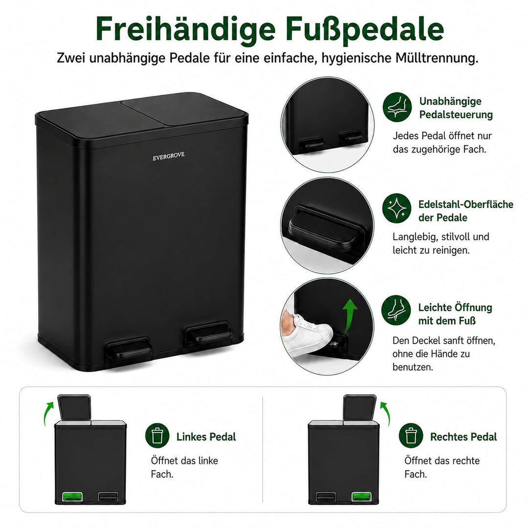 EverGrove 30-Liter-Mülltrennsystem, 2 x 15 L | Gehäuse, Deckel und Pedale aus Edelstahl; zwei PP-Inn