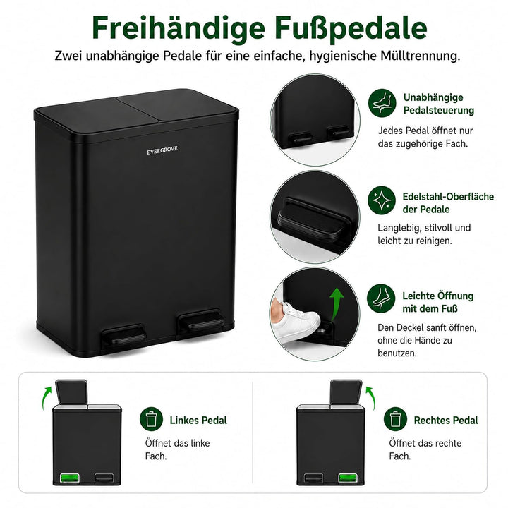 EverGrove 30-Liter-Mülltrennsystem, 2 x 15 L | Gehäuse, Deckel und Pedale aus Edelstahl; zwei PP-Inn