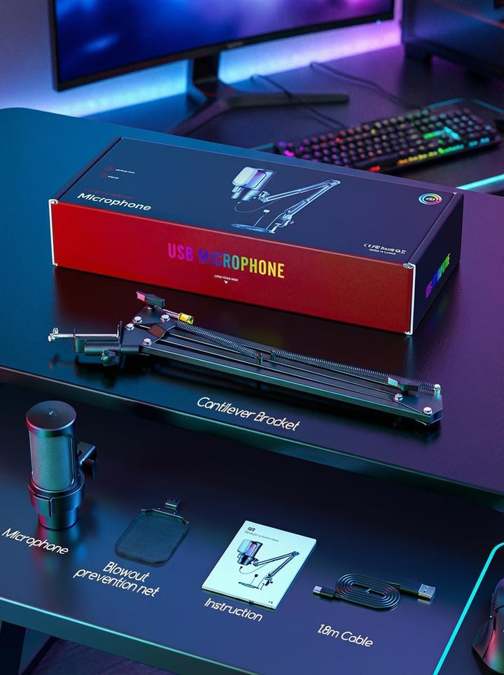 Gaming Mikrofon mit Arm Plug & Play USB Kondensator Mikrofon mit RGB Licht, Mute-Taste, Pop-Filter &