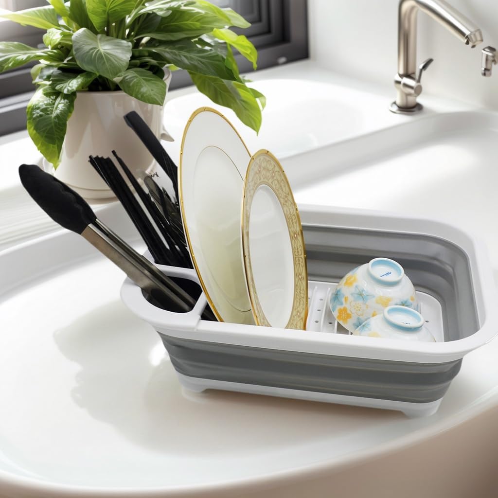 SAMMART 7.5L Collapsible Dish Drainer - Foldable Drying Rack Set - Portable Dinnerware Organizer - S