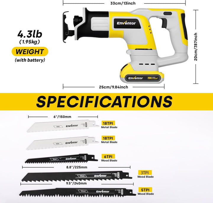 Enventor Akku Säbelsäge 20V, Universalsäge mit 2x2,0mAh Akku, Strichlänge 22mm, Variabler Drehzahl v