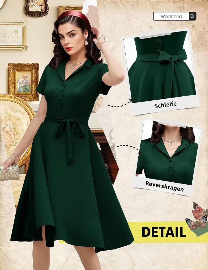 Wedtrend Vintage Cocktailkleid Damen A Linie Midilang V-Ausschnitt Abendkleid Elegant Freizeitkleide