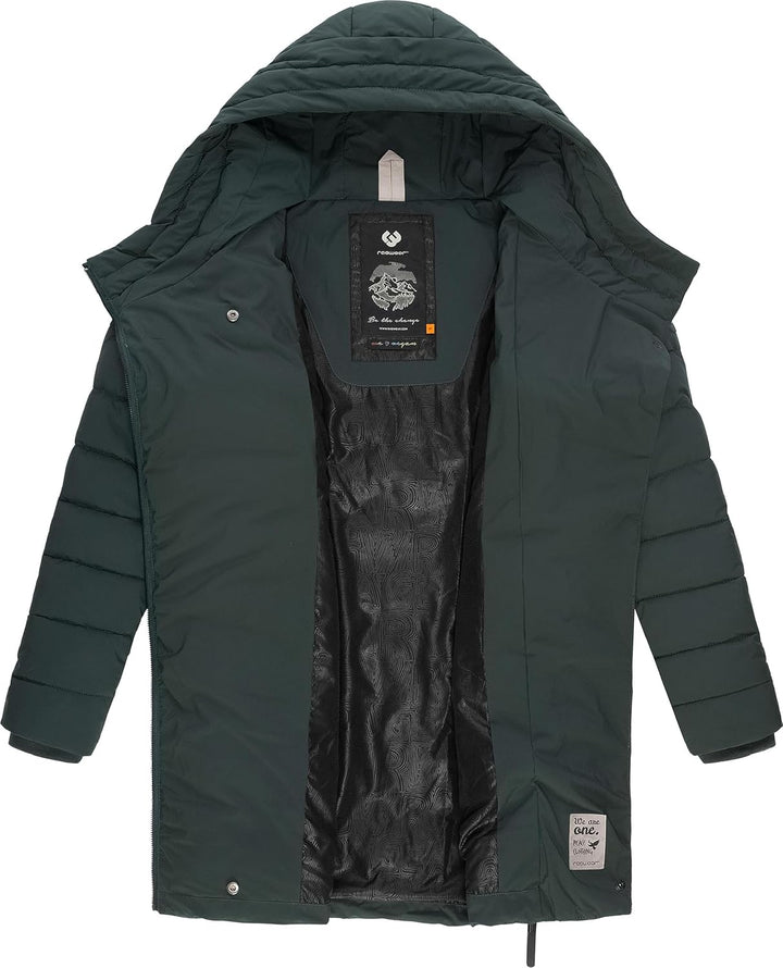 Ragwear Damen wasserdichter Regenmantel Wintermantel warm gefüttert Steppmantel lang mit Kapuze Teel