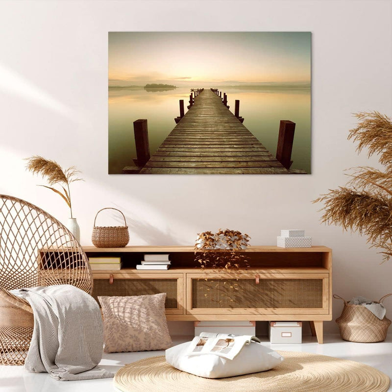 ARTTOR Bilder auf Leinwand 100x70cm Leinwandbild mit Rahmen Brücke See Gross Wanddeko Bild Schlafzim