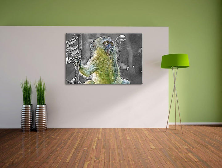 junges Äffchen auf Baum schwarz/weiss Deluxe Format: 100x70 cm auf Leinwand, XXL riesige Bilder fert