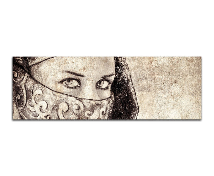 Paul Sinus Art Panoramabild auf Leinwand und Keilrahmen 150x50cm Arabien Frau Gesicht Schleier Grung