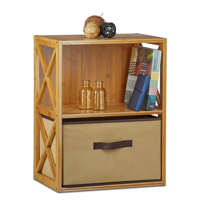 Relaxdays Regal Bambus mit Korb, 2 Ablagen, Holz Standregal, Badregal, Faltbox, HxBxT: 54 x 42 x 29