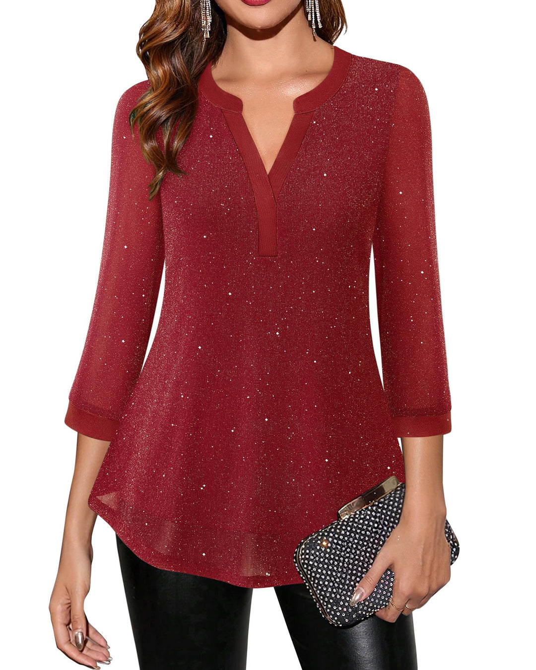 Vafoly Damen 3/4 Ärmel Oberteil Henley V-Ausschnitt Hemden doppellagig Mesh Bluse Tuniken L Blinken