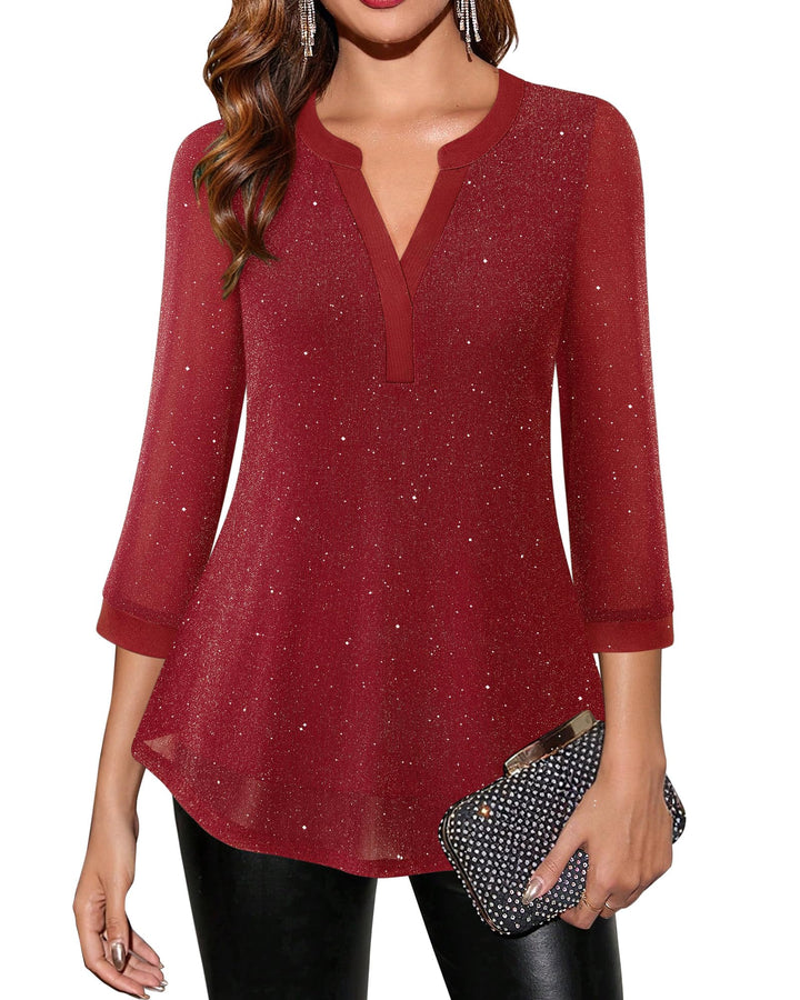 Vafoly Damen 3/4 Ärmel Oberteil Henley V-Ausschnitt Hemden doppellagig Mesh Bluse Tuniken L Blinken