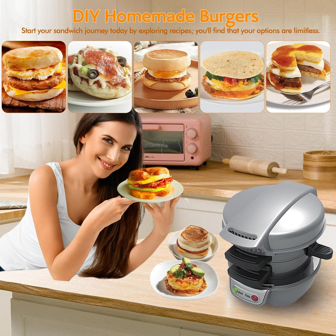 Elektrischer Sandwichtoaster Burger Maker, Muffin Maker & Gegrillter Sandwichmaker, Mit OmelettRing,
