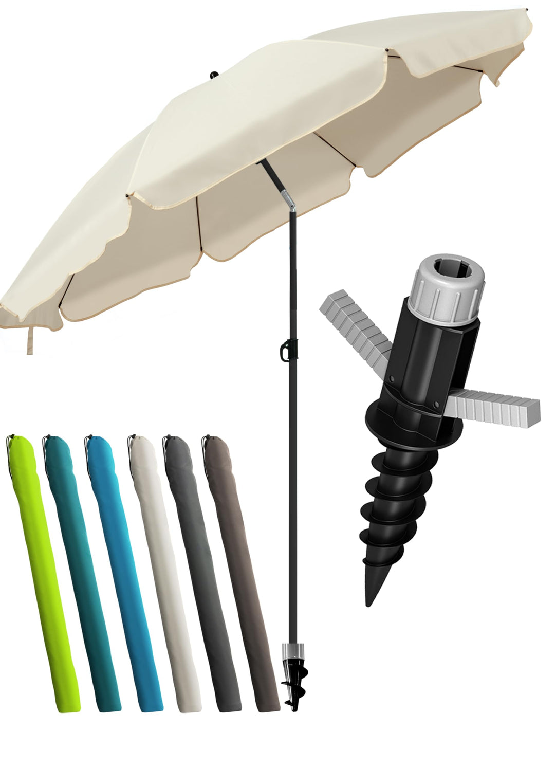 4smile Sonnenschirm Strand SunnyJoy, 3-in-1 SET, Beige - UPF 50+ Strandschirm Ø 160 cm + Sonnenschir