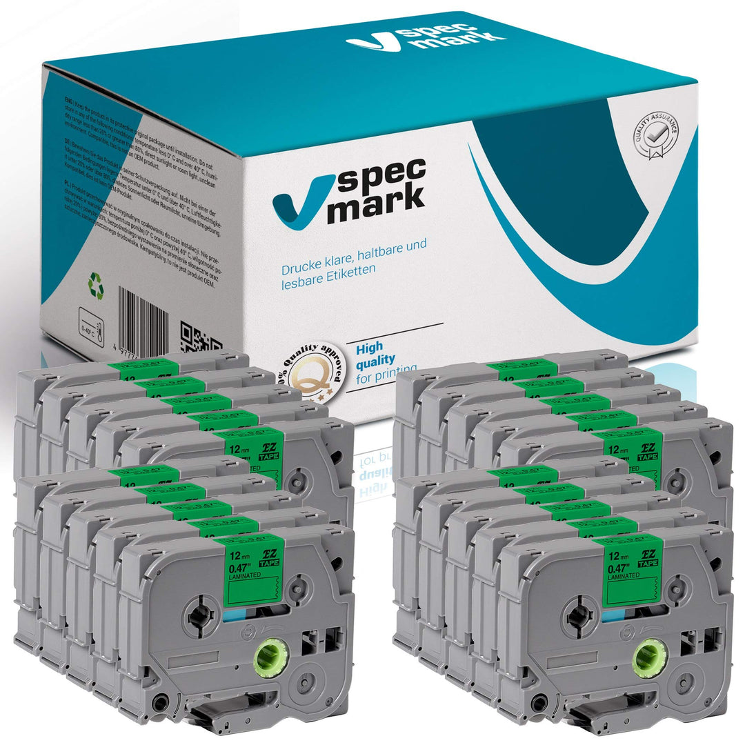 specmark Schriftband TZe-735 12mm x 8m Satz x 20 St. Weiss auf Grün Band kompatibel mit allen Drucke