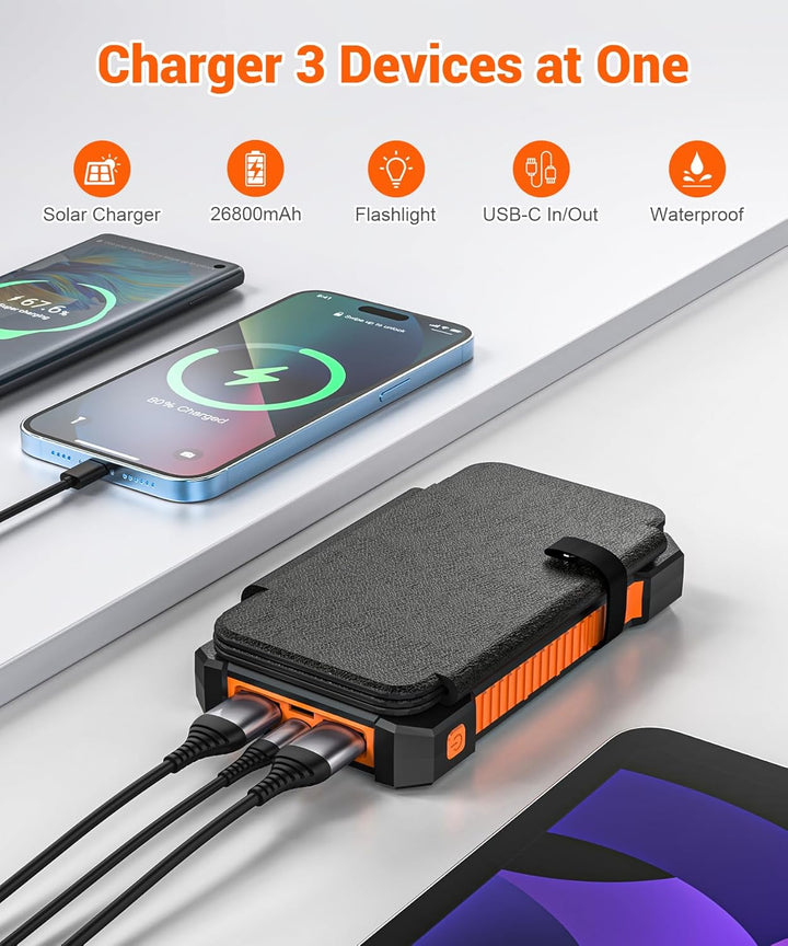 Solar Powerbank 26800 mAh, Powerbank USB-C 18W Schnellladung für iPhone Samsung und mehr, IPX7 wasse