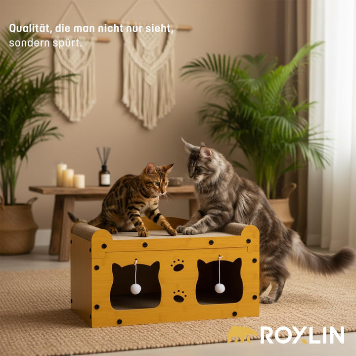 ROXLIN Katzen TV-Möbel, Holzdesign in Gelb, Kratzfläche mit Katzenhöhlen, Modernes Katzenspielzeug f