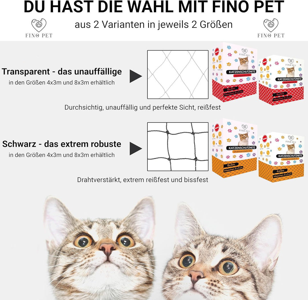 FinoPet Katzennetz für Balkon [Plus Drahtverstärkt] 8x3 Meter mit Katzenbürste und inklusive Befesti