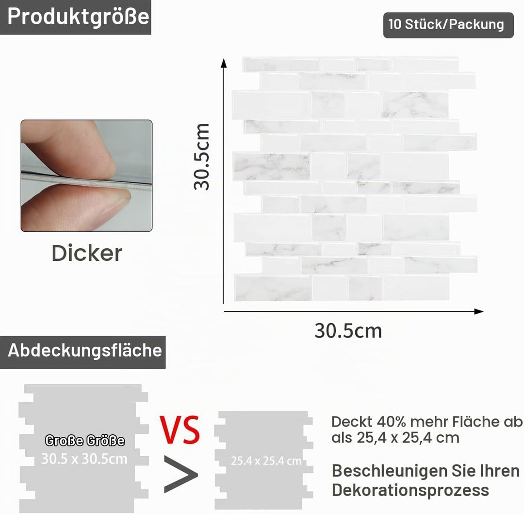 WoStick 10-Stück Upgrade Dickere 2,5mm Klebefliesen 3d Selbstklebend Fliesen Küche Küchenrückwand pl