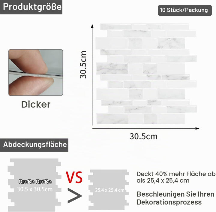 WoStick 10-Stück Upgrade Dickere 2,5mm Klebefliesen 3d Selbstklebend Fliesen Küche Küchenrückwand pl