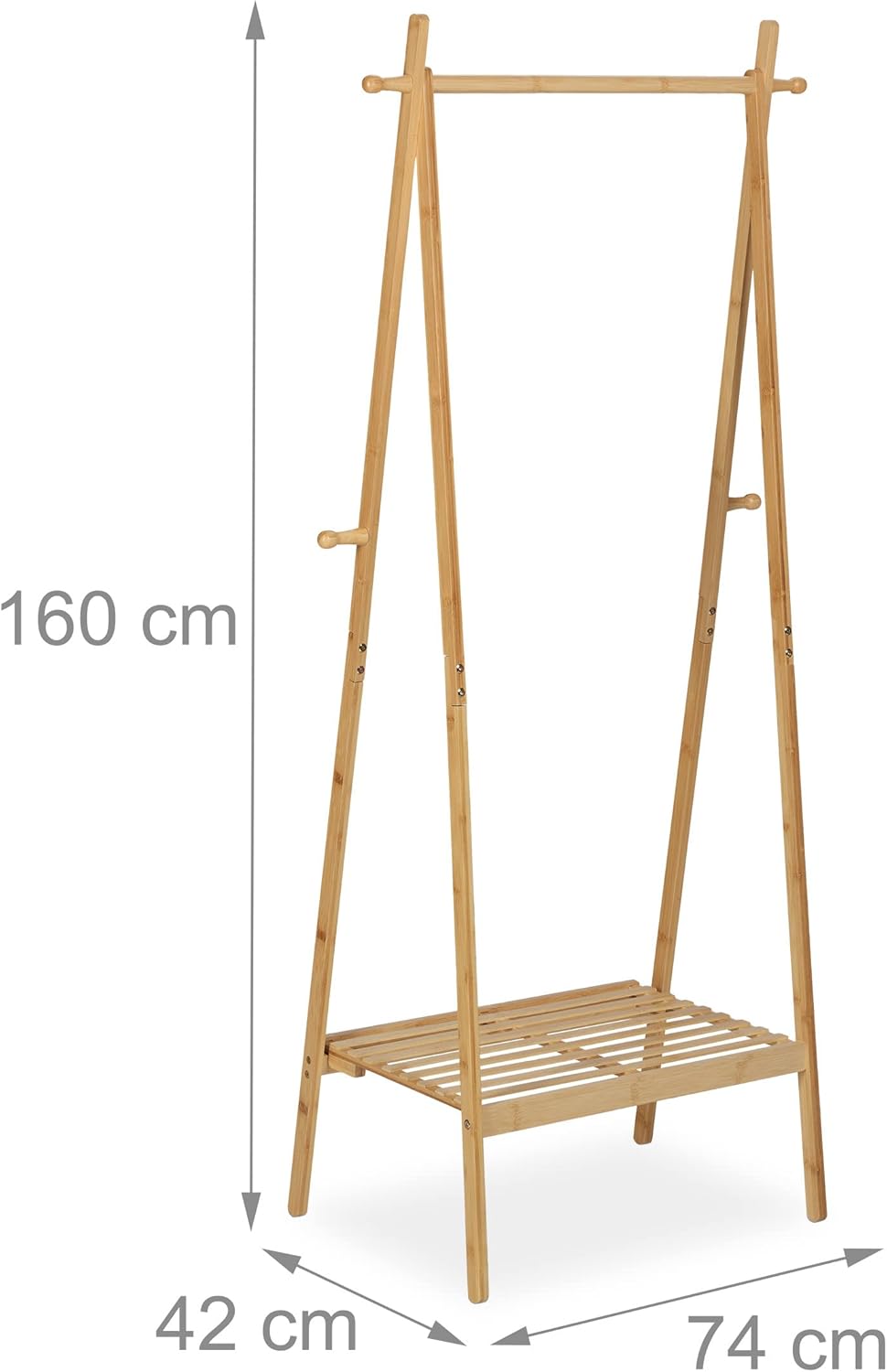 Relaxdays Kleiderständer Bambus, klappbar, Kleiderstange mit Ablage, 4 Haken, HBT: 160 x 74 x 42 cm,