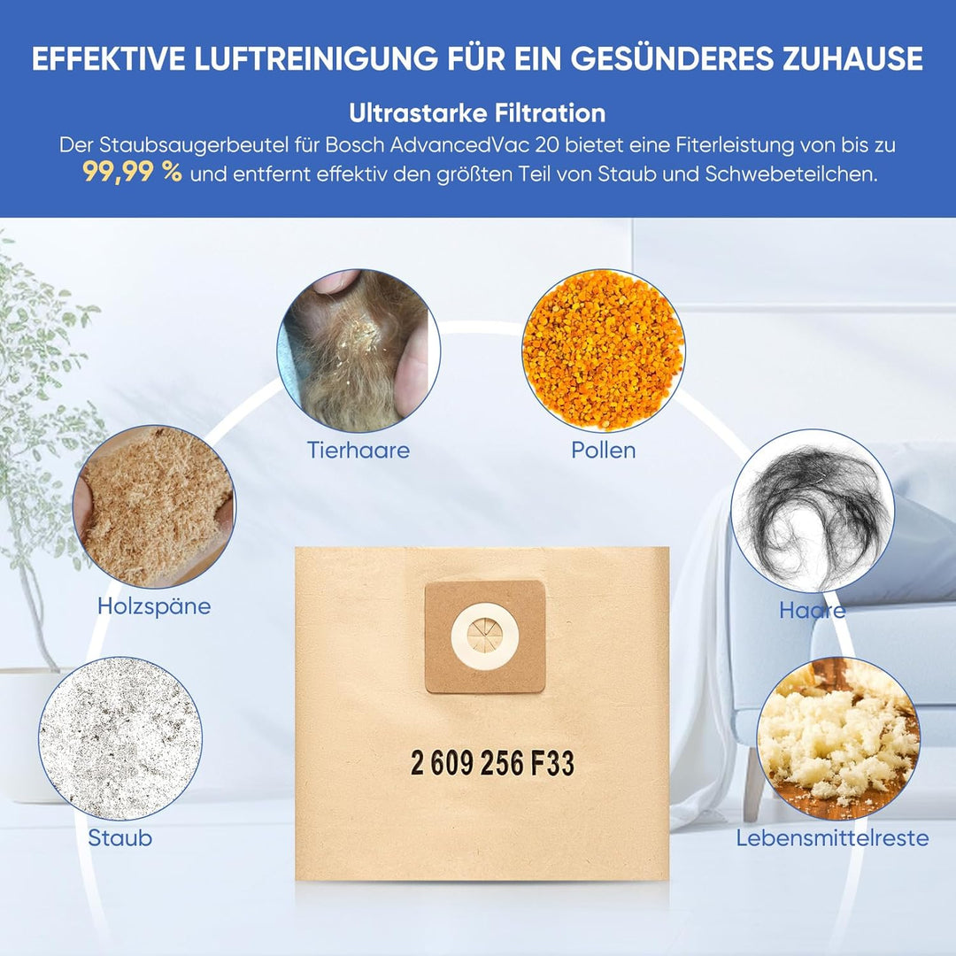20 x Papierfilterbeutel Zubehör für Bosch Nass- und Trocken Staubsauger AdvancedVac 20 Staubsaugerbe