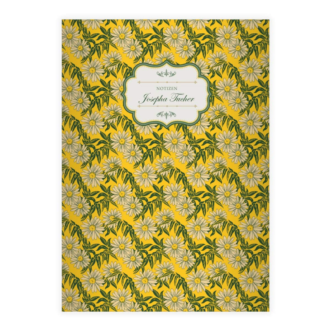 16 personalisierte edle florale Vintage DIN A4 Schulhefte, Schreibhefte mit Margheriten, gelb Lineat