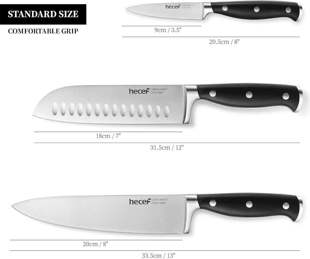 hecef Messerset, 3 tlg Küchenmesser Set mit Ergonomischer ABS-Griff, Full-tang, Scharfes Kochmesser