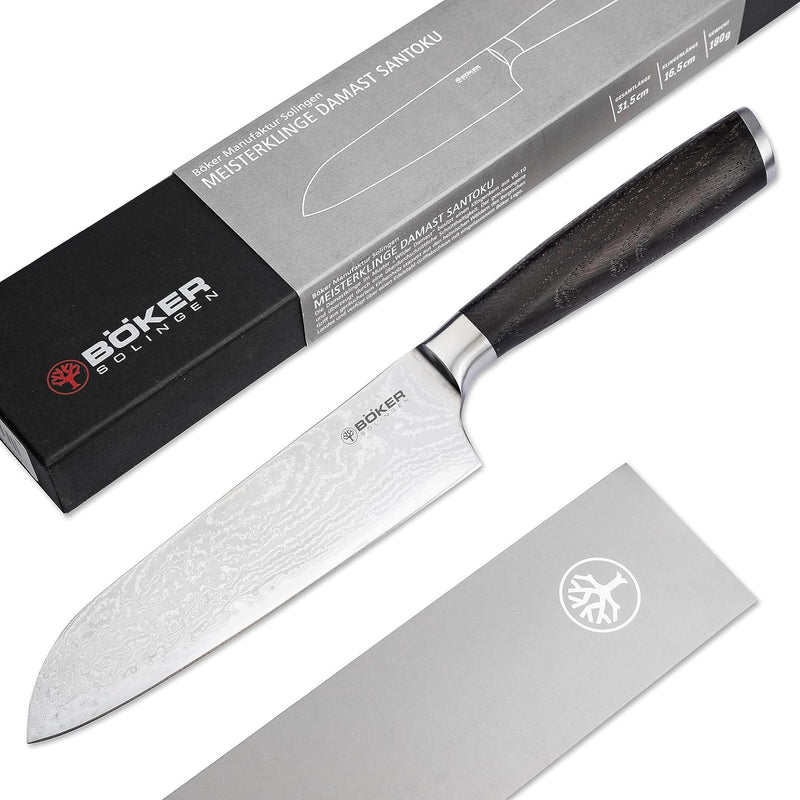 Böker SOLINGEN® Meisterklinge Damast Santoku - extrem scharfes Profi Kochmesser mit 16,5 cm Hybrid D