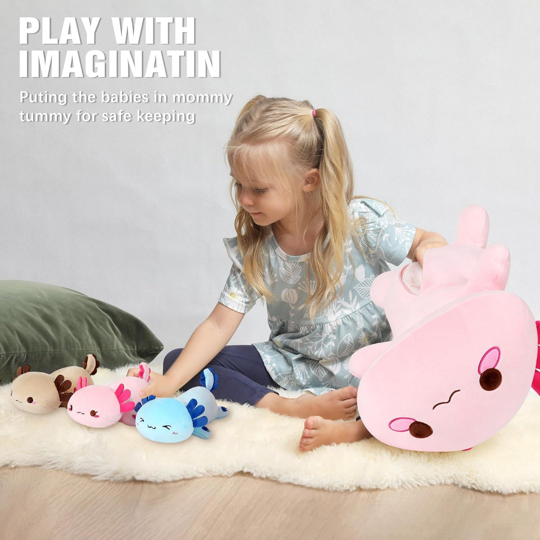 Shownicer Plüschtier Axolotl Kuscheltier Stofftier Kawaii Plüsch, Mama & 3 Babys Plüschkissen Spielz