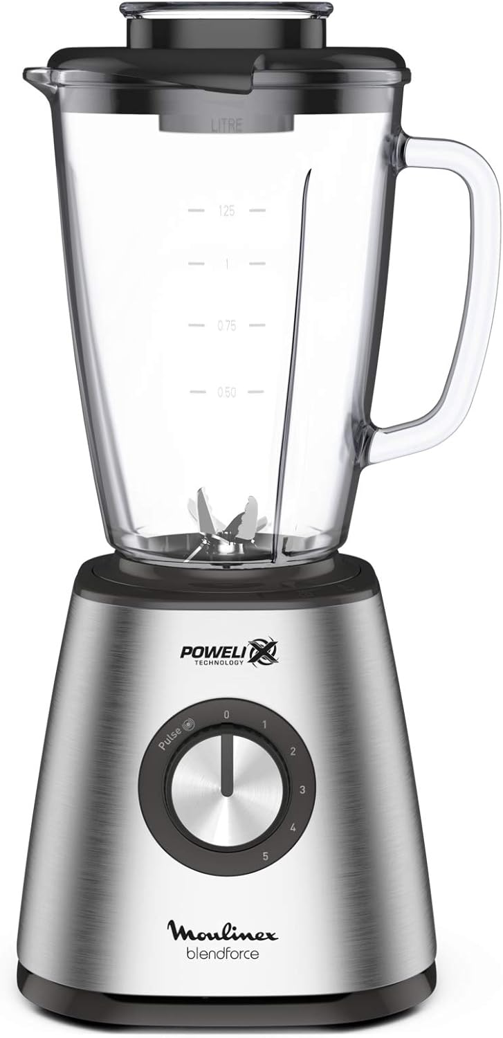 Moulinex Blendforce Standmixer aus Metall, Edelstahl, 800 W, 5 Geschwindigkeitsstufen, Thermoglas, 1