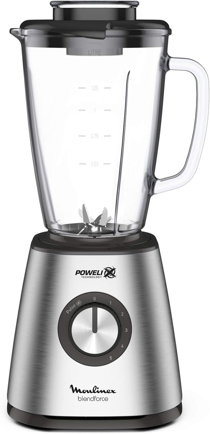 Moulinex Blendforce Standmixer aus Metall, Edelstahl, 800 W, 5 Geschwindigkeitsstufen, Thermoglas, 1