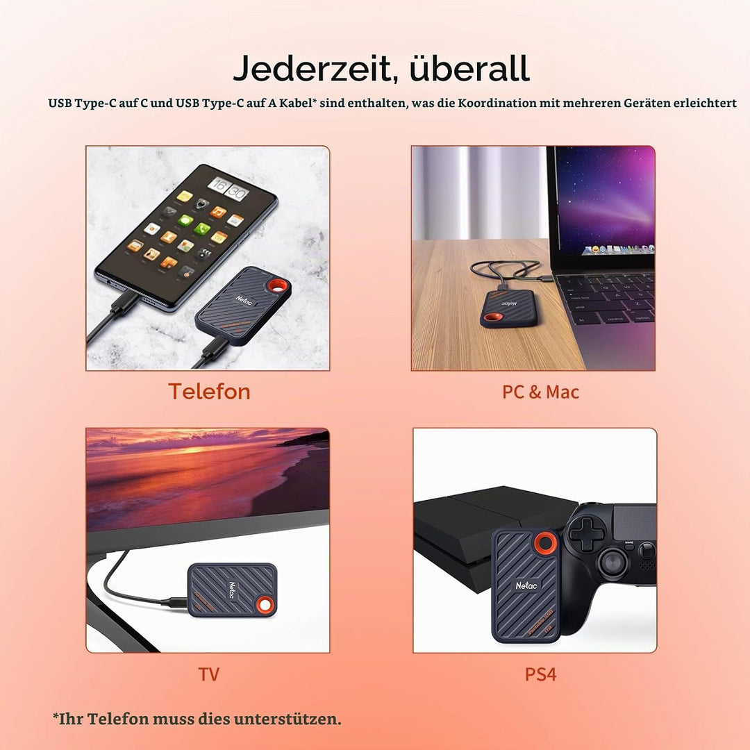 Netac ZX20 Extreme SSD 1TB Portable NVMe SSD USB 3.2 Gen 2x2 Bis zu 2000MB/s Lesen und 1700MB/s Schr