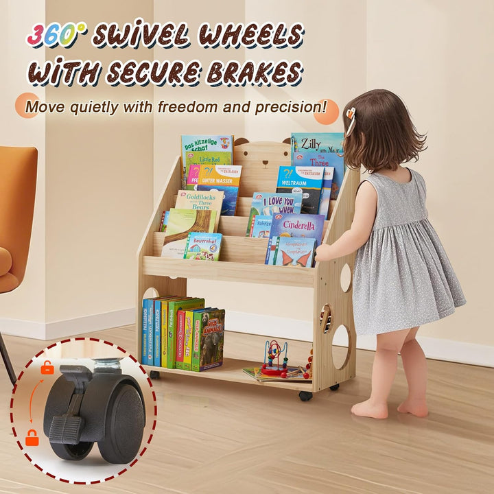 Kinder Bücherregal Montessori mit Rollen & Tafel, 5-stöckiges Kinderregal Kinderbücherregal Kinderzi