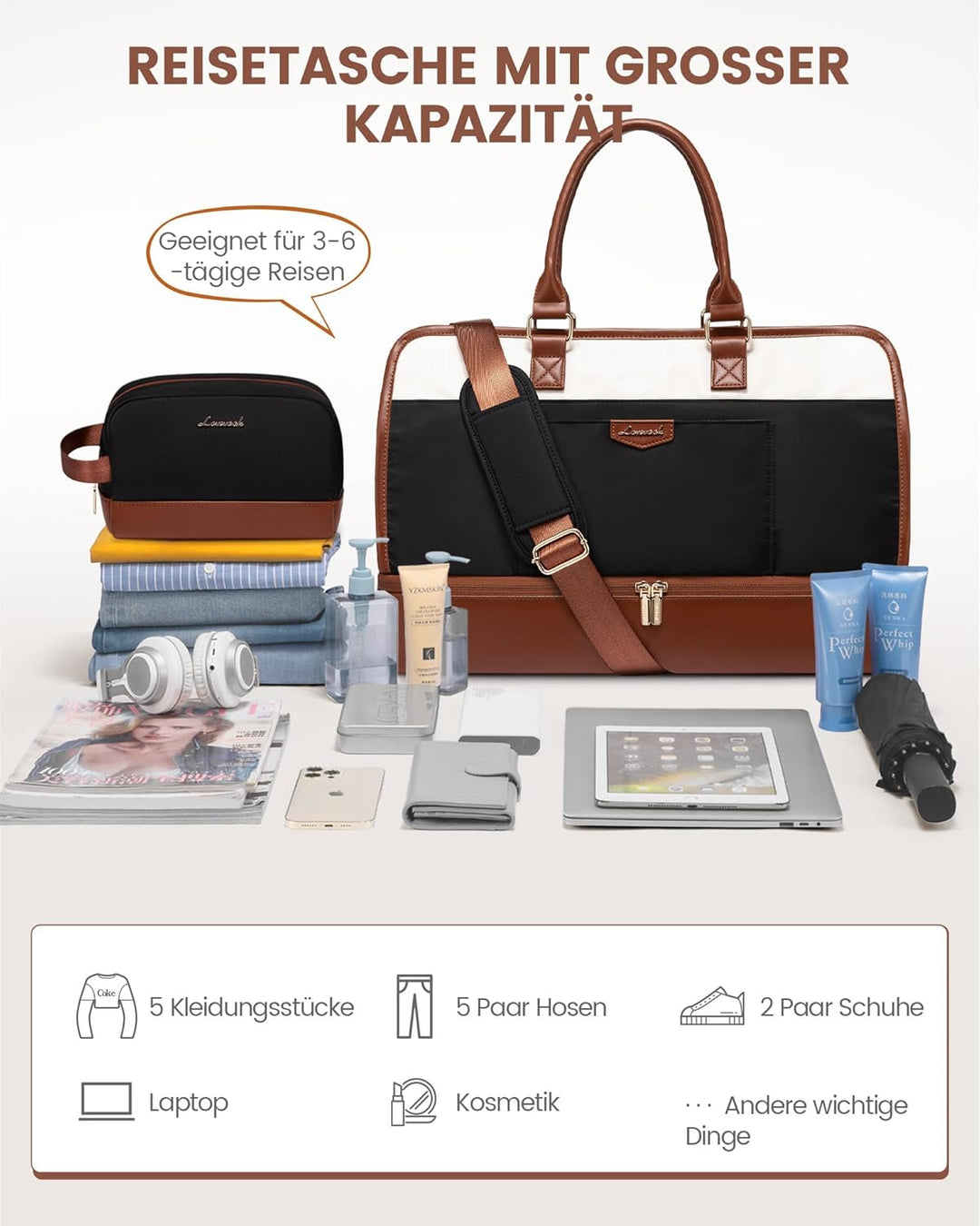 LOVEVOOK Reisetasche Weekender Damen Gross, 50L Handgepäck Tasche für Flugzeug, Kliniktasche Geburt