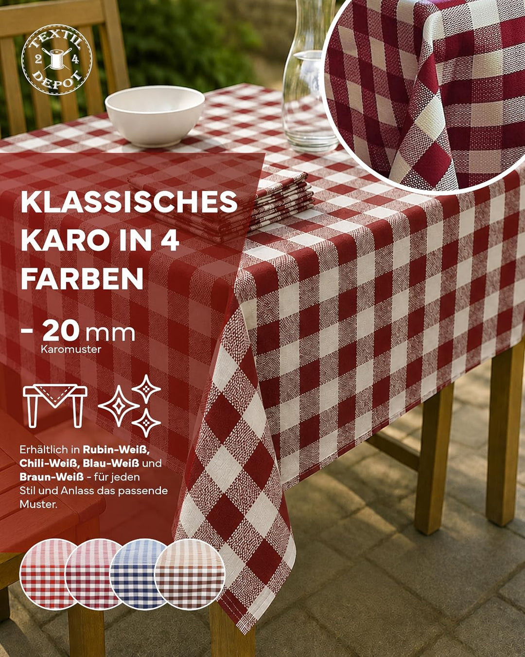 texpot Tischdecke 110 x 170 cm Rubin-weiss kariert aus Baumwolle 2 cm Karo, 110 x 170 cm