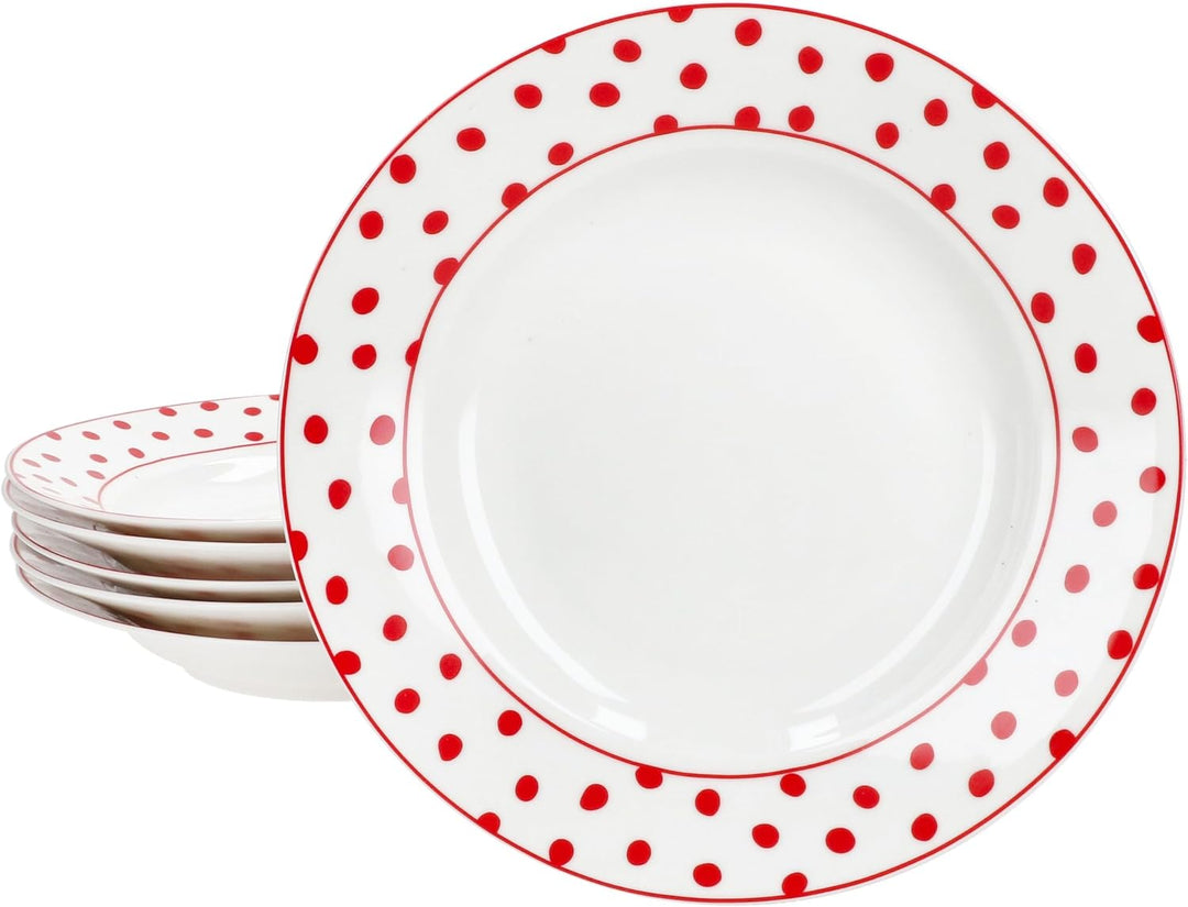 MamboCat 6er Set Suppenteller Rot gepunktet I 200ml, Ø20,5cm I tiefe Teller aus Steingut I weiss mit