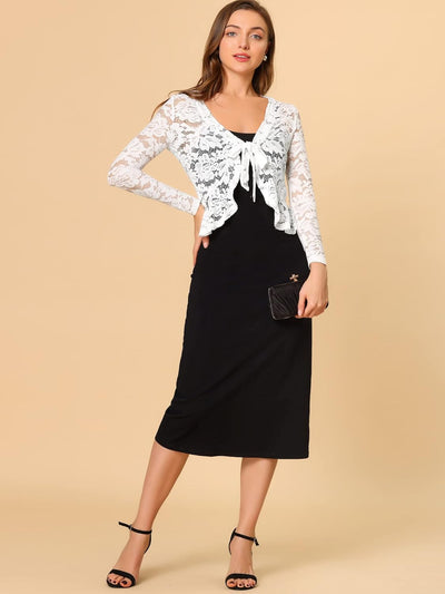 Allegra K Damen Spitzenbolero Langarm Bolero Durchsichtig Rüschensaum Crop Blumen Shrug XS Weiss, XS