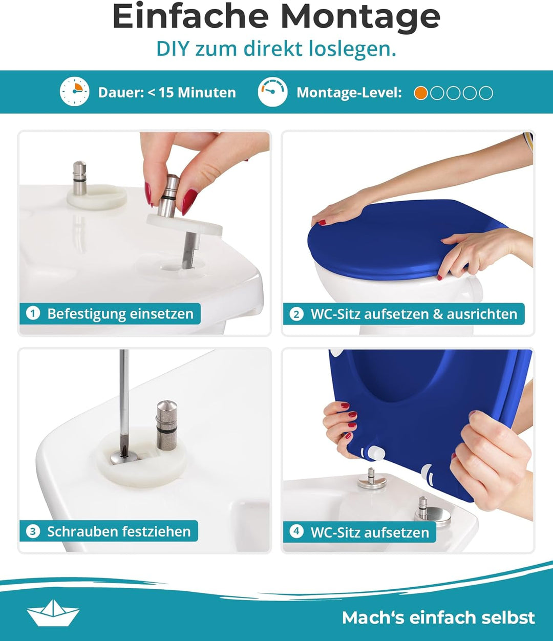 Calmwaters® Premium WC Sitz einfache Montage, Toilettendeckel bis 250 kg, Made in EU, antibakteriell