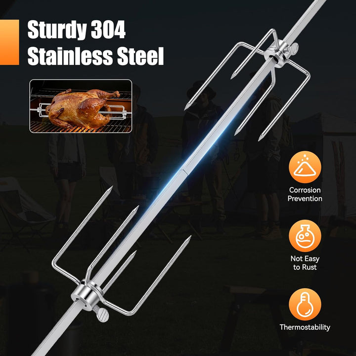 CHFUNE Edelstahl Grillspiess Set, Elektrischer Rotisserie, mit 2 Fleischnadeln,Motor, USB Leitung un