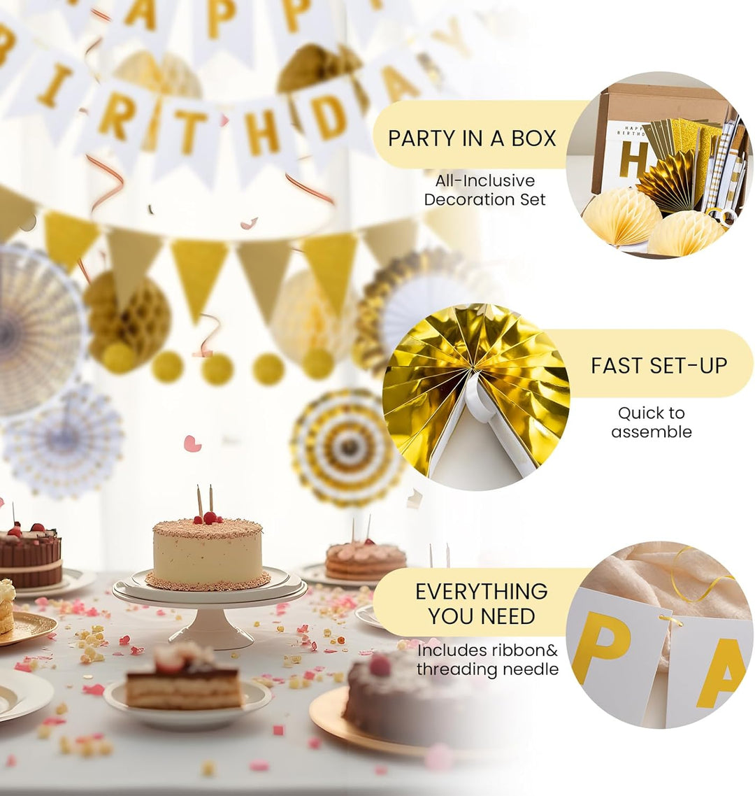 Meowoo Geburtstagsdeko, Weissgold Geburtstag Party Deko - Happy Birthday Girlande, Wimpelkette, Wabe