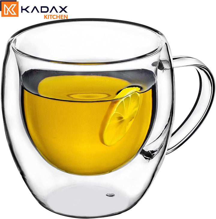 KADAX doppelwandige Glas Tasse, 250 ml, Glas mit breitem Griff, Trinkglas für Saft, Tee, Kaffee, Cap