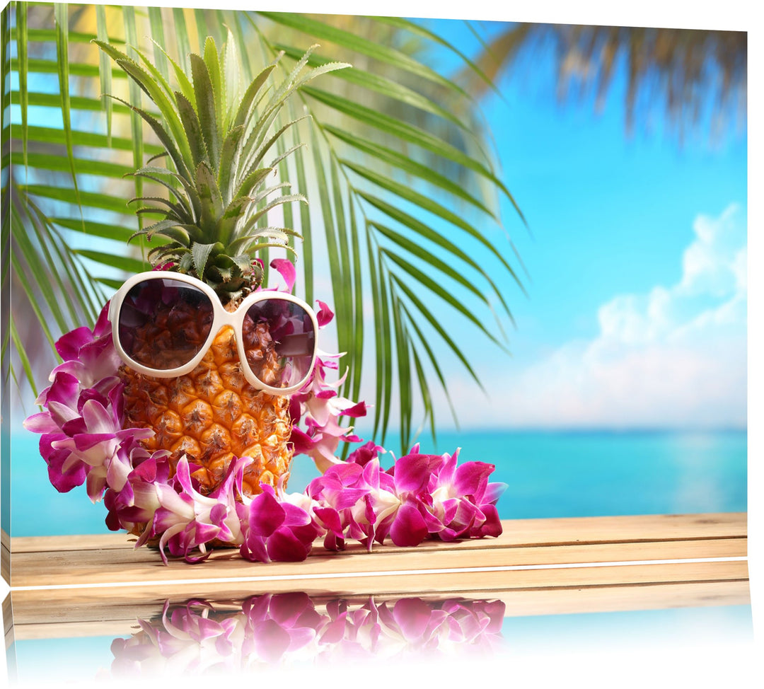 Ananas Urlaubsfeeling mit Sonnenbrille Format: 100x70 auf Leinwand, XXL riesige Bilder fertig gerahm