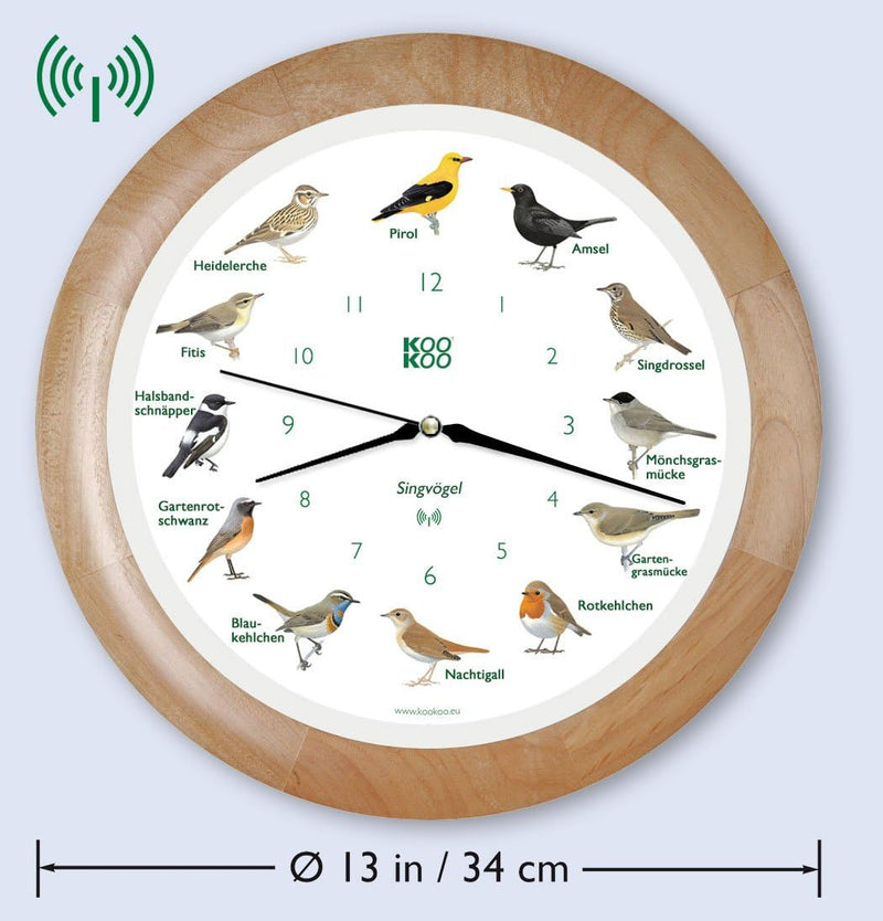 KOOKOO Singvögel Holz, Die Singende Vogeluhr, mit 12 heimischen Singvögeln und echten, natürlichen V