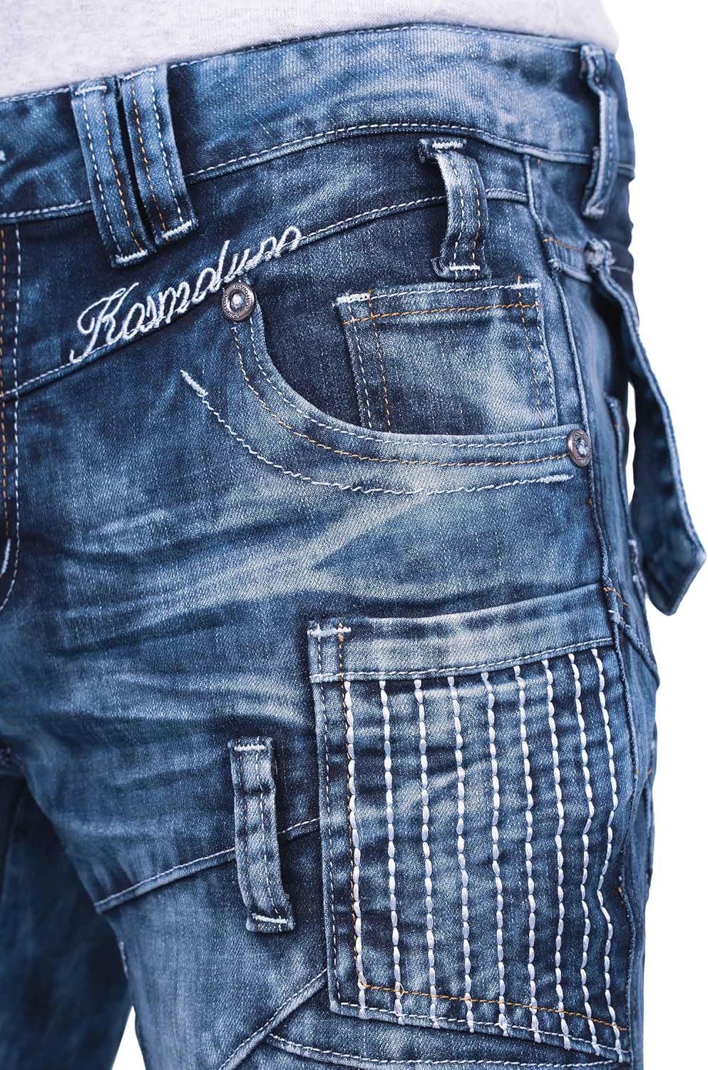 Herren Jeans Regular Fit 5-Pocket mit Knopfleiste | Kontrastnaht in Weiss und Orange, Mehrfach-Zippe