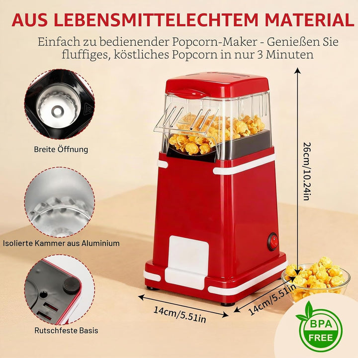Cozary Popcornmaschine, 1200W Popcorn Maker mit Heissluft für fettfreies Popcorn, mit Messbecher, Re