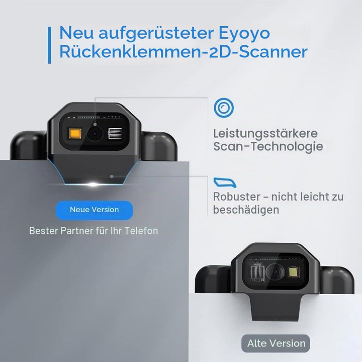 Eyoyo 2D Bluetooth Barcode Scanner, Kabelloser 1D QR Barcode Leser mit Rückenclip für Mobilgeräte, A