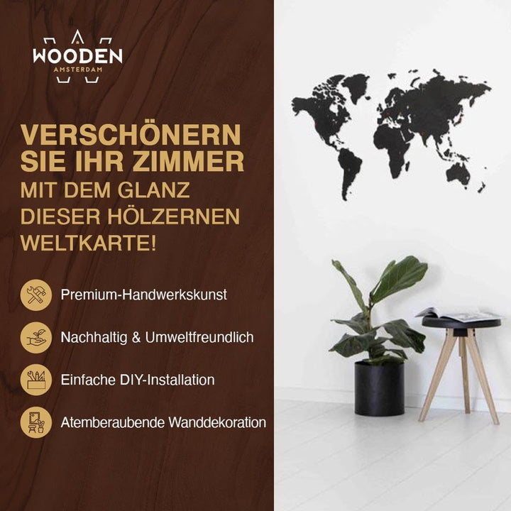 Weltkarte Holz DIY Schwarz | 90 x 54 cm Wanddeko aus FSC-zertifiziertem HDF | 48 Pins &amp; 25 Inseln zu