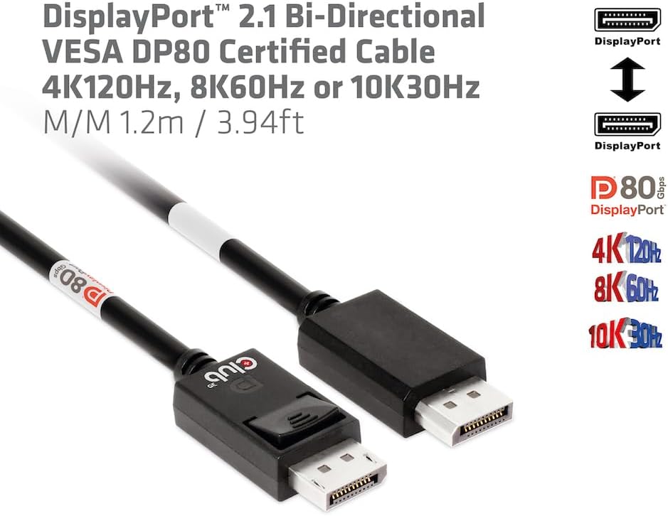 Club3D CAC-1091 DisplayPort™ 2.1 Bi-Direktionales VESA DP80 zertifiziertes Kabel 4K120Hz, 8K60Hz ode