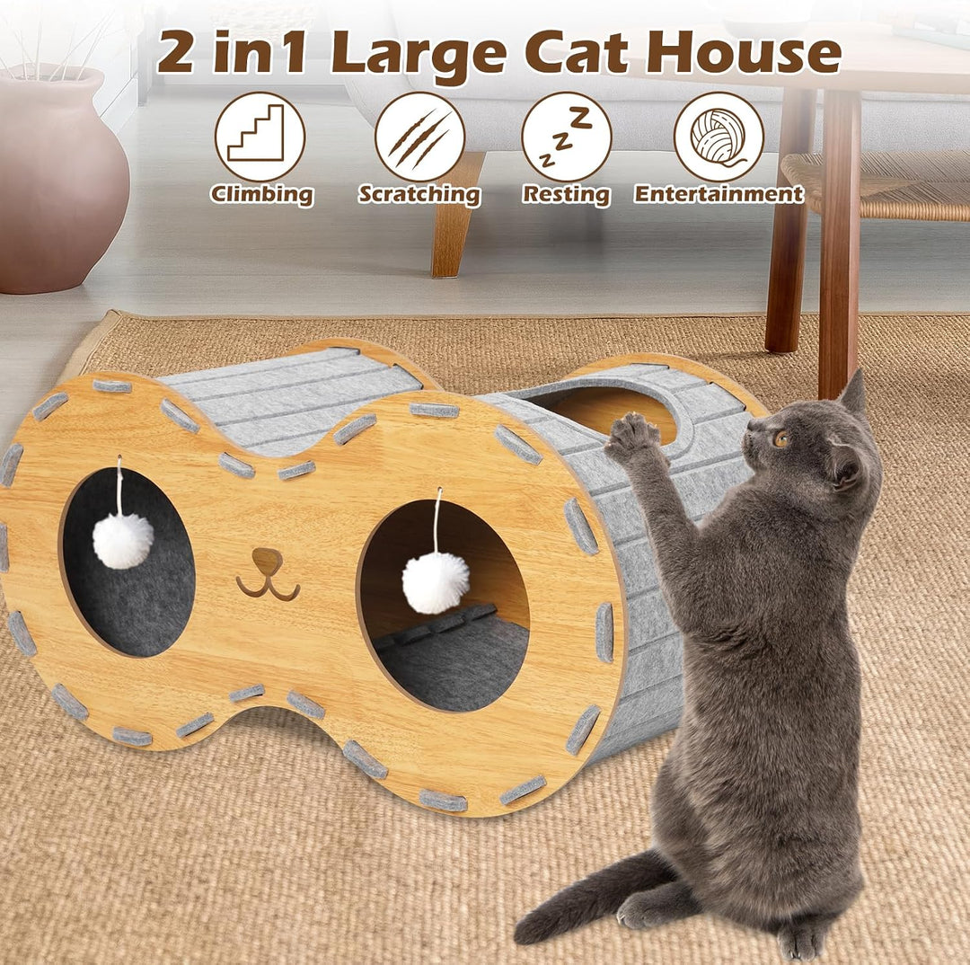 Katzenbett, Holz stabilen Katzenlöcher aus hochwertigen Decken, Katzenhaus Innenraum 2 Etagen Katzen