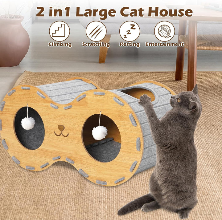Katzenbett, Holz stabilen Katzenlöcher aus hochwertigen Decken, Katzenhaus Innenraum 2 Etagen Katzen