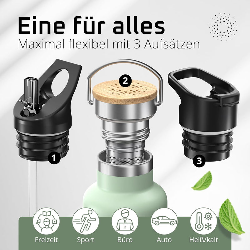 Trinkflasche Edelstahl mit Strohhalm, Infuser + 3 Deckel: BPA-frei, Auslaufsicher, Kohlensäure geeig